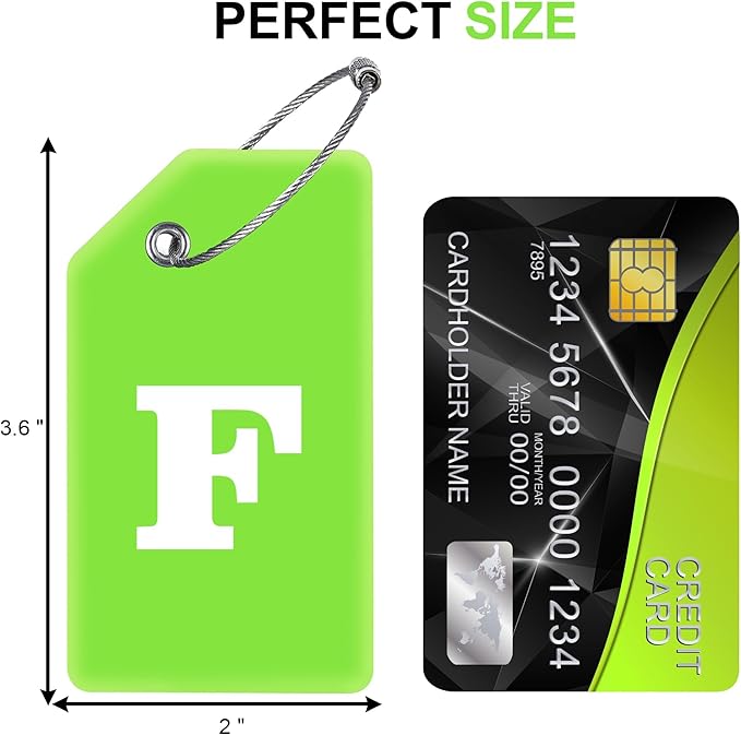 8 Pcs Luggage Tags for Suitcases, 26 Initial Letter Travel Luggage Baggage Identification Labels ID Tags Fully Bendable Tags with Stainless Steel Loop (Letter F, Green)