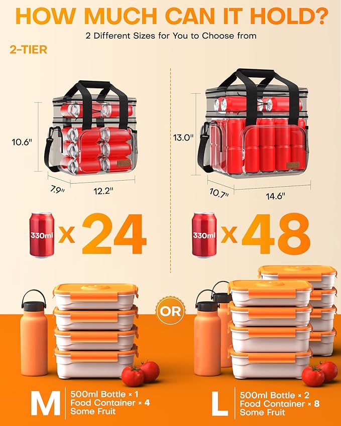 HOTOR Lunch Box for Men and Women - Leak-Proof Insulated Lunch Cooler Bag with Adjustable Strap, Multiple Pockets for Office, Picnic, Hiking, Beach, 2 Layer, 32L, Black, 14.6" x 10.7" x 13.0"