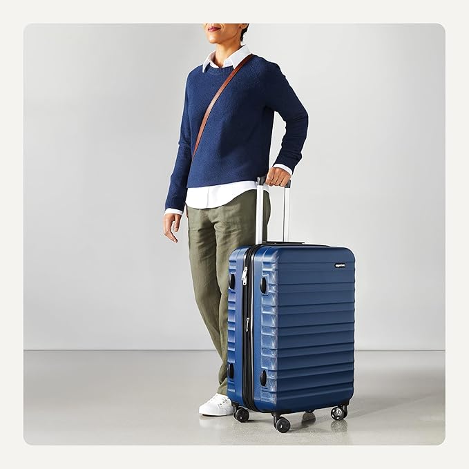 Amazon Basics 26" Hardside Medium Checked Luggage, Hardshell Suitcase With Wheels, Expandable For Up to 15% More Space, With Scratch-Resistant Surface, Four Multi-directional Wheels, Navy Blue