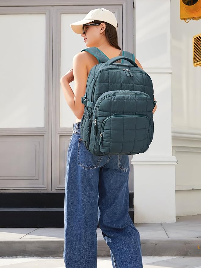 CLUCI 17.3 Inch Laptop Backpack for Women, Anti Theft Travel Backpack, Puffer Quilted Work Backpack, Water Resistant College Bookbag, Carry on backpack with RFID(Green)