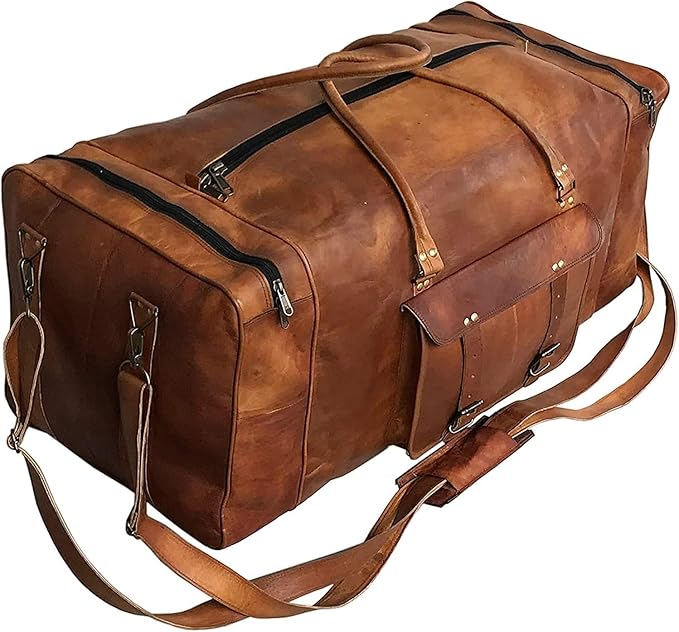 Leather Duffle Bag for Men Luggage Handmade Travel Bag Carry On Luggage Weekender Bags Overnight Gym Sports Cabin Holdall Bag For Airplanes Men And Women (34 Inch Brown)