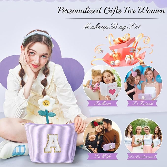 YOOLIFE Purple Cute Travel Makeup Bag - Preppy Makeup Bag Sweet 16 Gifts Sister Girlfriend Gifts Monogram Makeup Bag Make Up Bag Large Cosmetic Bags for Women Friend Birthday Gifts Preppy Stuff M