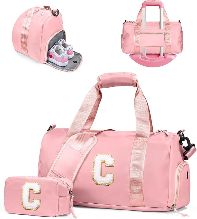 Gifts for 3 4 5 6 7 8 9 Year Old Girls-Girl Gym Bag with Shoe Compartment, Kid Weekender Overnight Bags, Initial Travel Tote with Makeup Pouch, 10 Year Old Girl Birthday Gifts Teen (Letter C)
