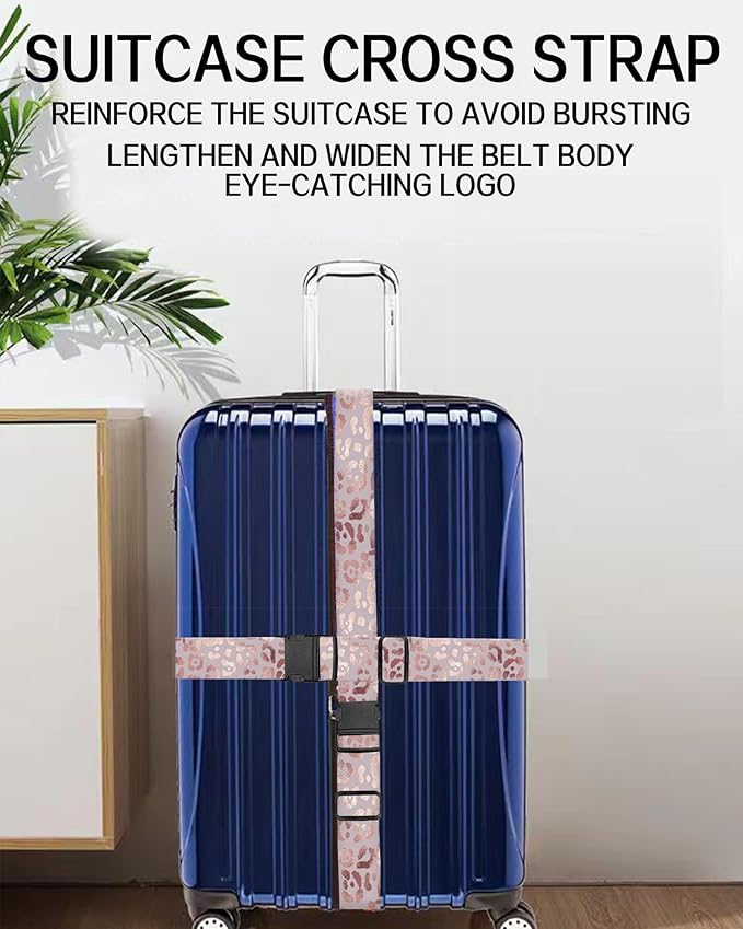 Luggage Straps for Suitcases, Adjustable Travel Belt, Durable Wide Luggage Strap, Cute Suitcase Strap Identifiers with Buckle, Bag Straps for Luggage, Glitter Pink Leopard
