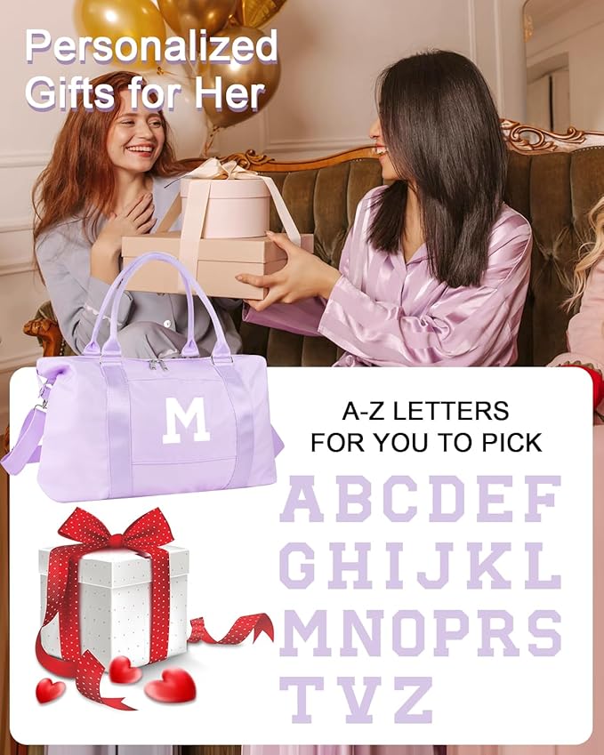 Daughter Niece Gifts for Teen Girl Kids, Initial Travel Duffel Bag Sports Gym Bag Personalized Gifts Weekender Bag，Monogram Overnight Bag Cute Dance Bag Birthday Bridesmaid Gifts for Women(Purple, M)