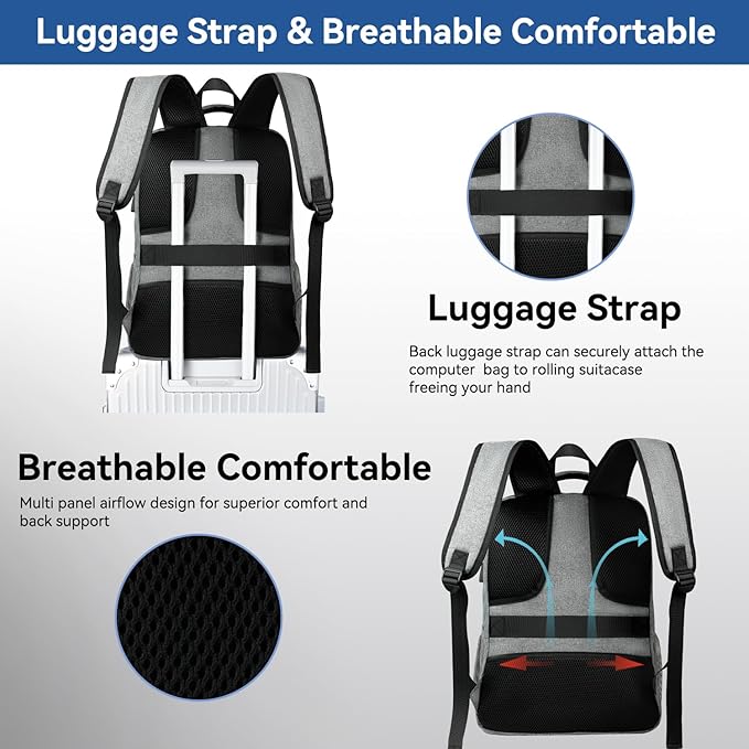 Voova Travel Laptop Backpack, Business Work Laptop Backpack for Women & Men with USB Charging Port, Waterproof Slim Durable College Computer Bag Fits 15.6 Inch Laptops and Notebook, Grey