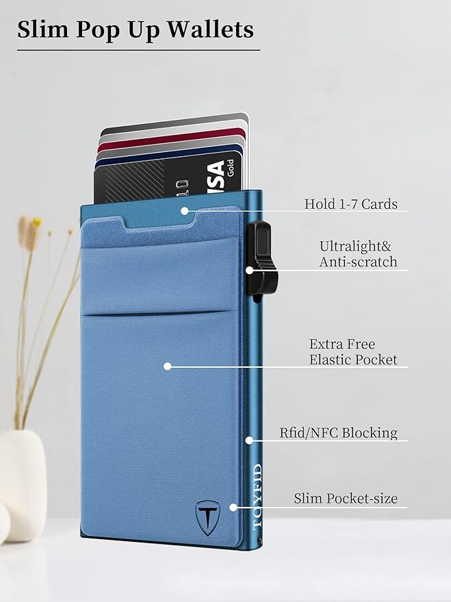 Slim Wallet for Men and Women,Pop Up Credit Card Wallet Metal Minimalist Cards Holder with Money Pocket,Small Ultralight Aluminum RFID Blocking Wallets 6-12 Card Capacity,Navy Blue