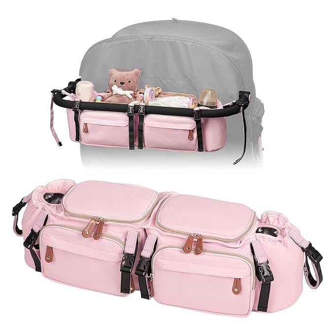Double Stroller Organizer for Bob Duallie and Baby Jogger City Mini GT2, Double Stroller Caddy Organizers with Cup Holder and 2 Cooler Pockets Parent Console Double Stroller Accessories