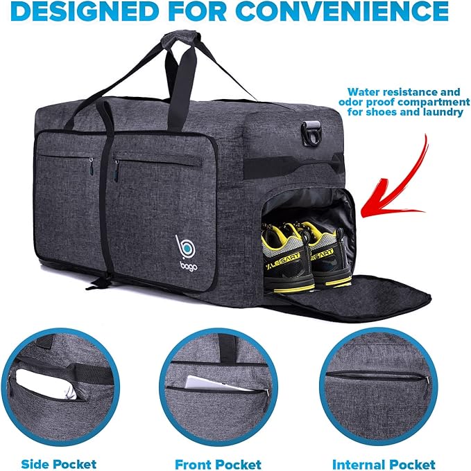 Bago Big XXL Foldable Duffel Bags for Traveling Women & Men - 140L Packable Duffle Bag for Travel with Shoe Compartment - Water Repellant, Heavy Duty, Lightweight Folding & Collapsible (SnowBlack)