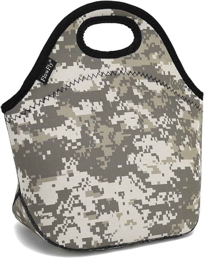 FlowFly Neoprene Lunch Tote Insulated Thermal Reusable Lunch Bag Box for Boys Men with Zipper (Digital Camo)