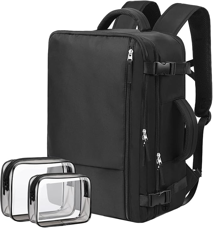 Hanples Travel Backpack for Women Men Large Carry On Person Item Flight Approved 17 In Laptop Backpack Waterproof anti theft Casual Luggage with 2 Toiletry Bag(Black)