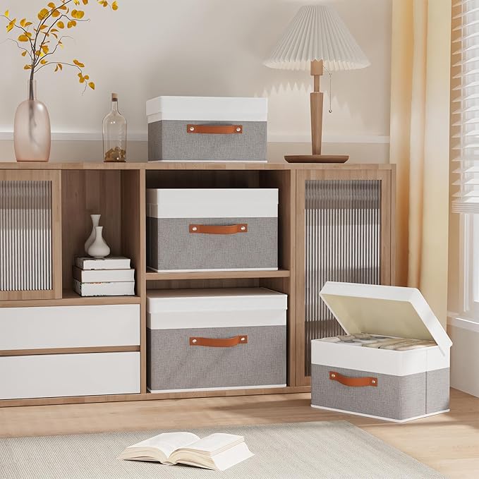 Fabric Storage Boxes with Lids, Linen Foldable Cloth Baskets, Closet Organizer Containers with Double Handles, Sweater Bins for Bedroom, White and Grey, 5 Pack, 13 x 9.1 x 7.9 Inch
