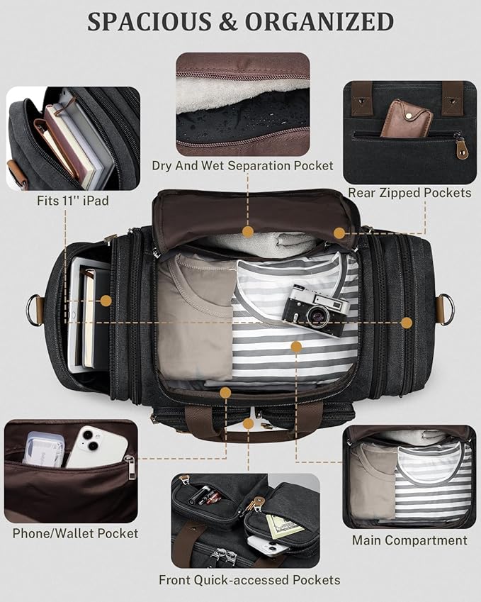 Gonex Canvas Duffle Bag for Travel, Expandable Water Resistant 50L Carry on Duffel Overnight Weekender Gym Bag with Wet Dry Separation Pocket & Suitcase Handle Sleeve, Dark Grey