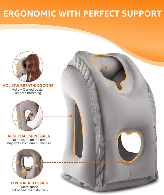 Sunany Travel Pillow, Inflatable Neck Pillow Used for Airplanes/Cars/Buses/Trains/Office Napping with Eye Mask/Earplugs (Gray)