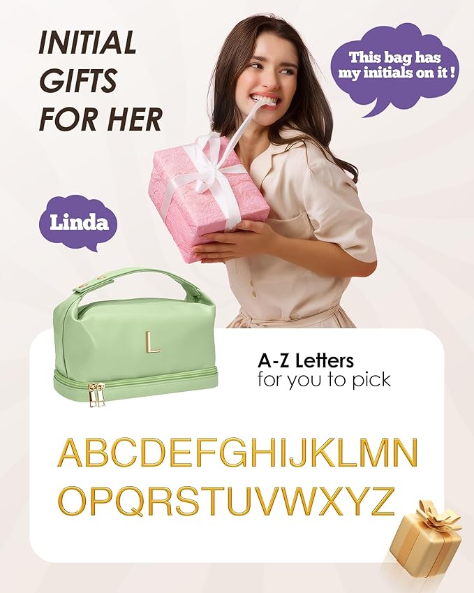 Teen Girl Gifts Trendy Stuff, Makeup Bags for Women with Handle, Initial Double Layer Cosmetic Bag with Makeup Brush Organizer, Birthday Gifts for 11 12 13 14 15 16 17 18 19 Year Old Girls