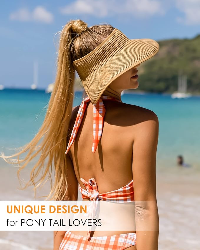 FURTALK Sun Hats for Women Wide Brim Beach Hat Straw Visor Ponytail Summer UV Packable Foldable Beach Vacation Essentials