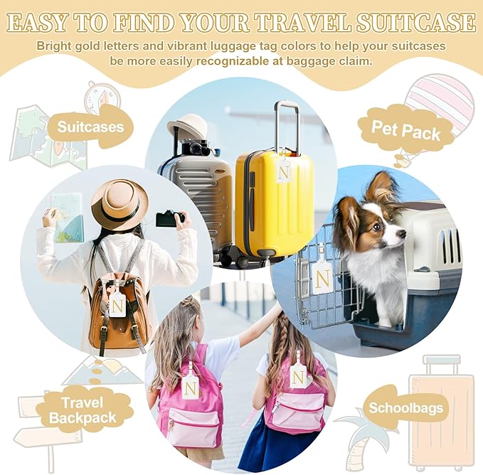 Personalized Initial Luggage Tags for Suitcase TSA Approved, White Leather Cute Luggage Tag with Privacy Cover Name Card, Embroidered Custom Luggage Tags Travel Baggage Tags Gifts for Women Kids(N)