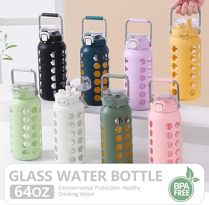 MUKOKO 64oz Glass Water Bottles with Straw and Lid,Half Gallon Water Bottle with Time Marker,Large Glass Water Jug with Silicone Sleeve and Stainless Steel Handle-Yellow
