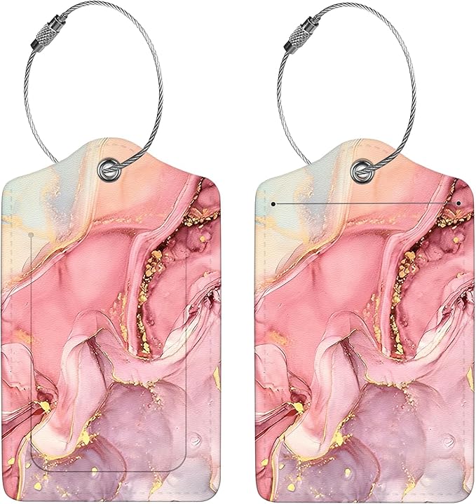 2 Pcs Luggage Tags for Suitcase, Cute Unique PU Leather Travel Bag Tag with Privacy Cover ID Label Address Card and Durable Metal Ring Suitable for Men Women Children Backpack,Pink Marble