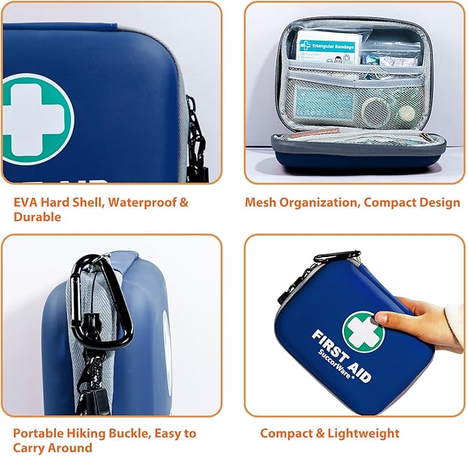 150 Pieces Mini First Aid Kit - Small Medical Kit with Hard Shell - Emergency First Aid Kit for Car, Travel, Home, Outdoor, Office, Camping, Hiking (Blue)