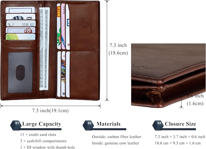 VISOUL Mens Checkbook Leather Wallets Long Bifold Wallets for Men Suit Wallet with 3 Cash Compartments 12 Credit Card Slots (Brown)