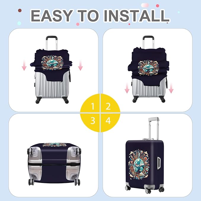 ANNA QUEEN World Landmarks Luggage Cover, Dark Travel-Themed Suitcase Protector with Airplane & Globe Design, Stretchable, Washable Luggage Sleeve for 32-34 Inch Suitcases
