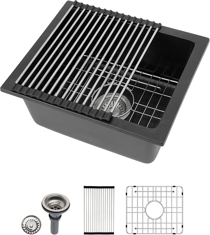 Dcolora 18 Inch Quartz Composite Black Wet Bar Sink Undermount Small Prep Granite Composite Kitchen Sink RV Single Bowl Under Counter, 18"x 16", DC-GU7746