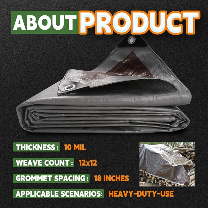 RAINDEWAY Tarps Heavy Duty Waterproof 14x14 Feet, 10Mil Multipurpose Poly Tarp Cover with Metal Grommets,Silver/Brown Tarp Finished Size,for Carport，Boats，Camping
