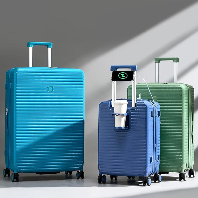 Hard Shell Suitcases Expandable Travel Luggage Sets 2 Piece, Carry on and Check in Luggage Lightweight Suitcase Set 2 Piece with Wheels Cup Holder Charger Built in (Silver, 20/28)