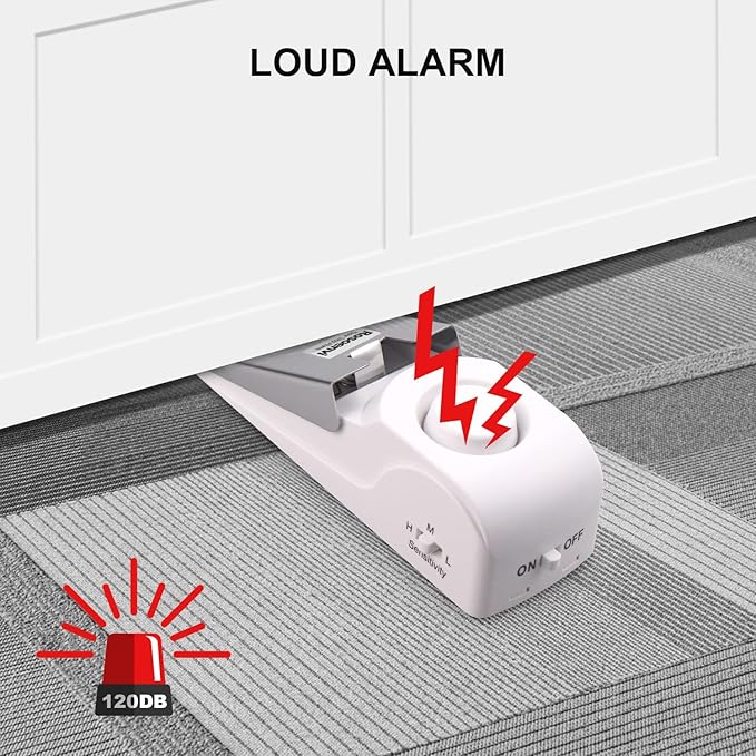 2 Pack Door Stop Alarm, Door Stopper with 120DB Security Alarm, Floor Wedge Door Stop Siren, Door Security Devices for Traveling, Apartment, Hotel and Home, White