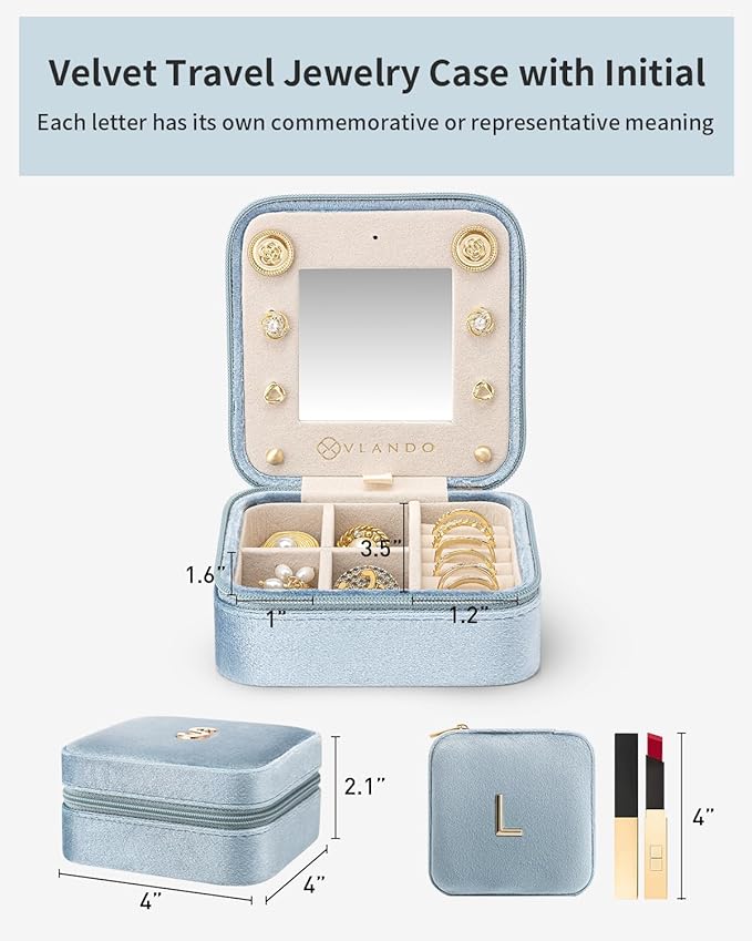Vlando Travel Jewelry Case for Women Girls, L Initial Travel Jewelry Case, Personalized Mini Jewelry Box, Birthday Gifts for Women Mom Grandma - Letter L, Blue