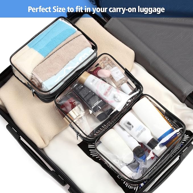 PACKISM TSA Approved Toiletry Bag - Clear Makeup Bags in 2 Size, Durable with Supporting Frame, Perfect for Travel Essentials, Carry-on Airport Airline Compliant Bag, Black