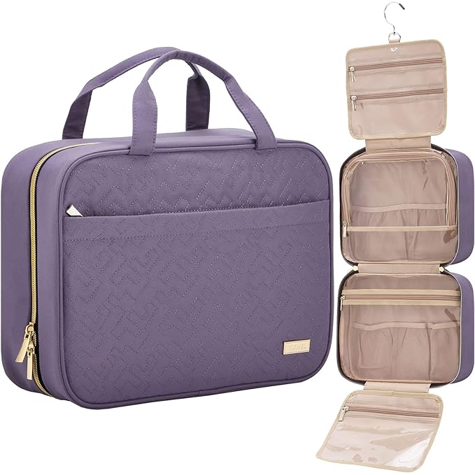 NISHEL Travel Toiletry Bag for women, Portable Hanging Organizer for Full-Sized Shampoo, Conditioner, Brushes Set, Makeup Accessories, Large Size, Purple