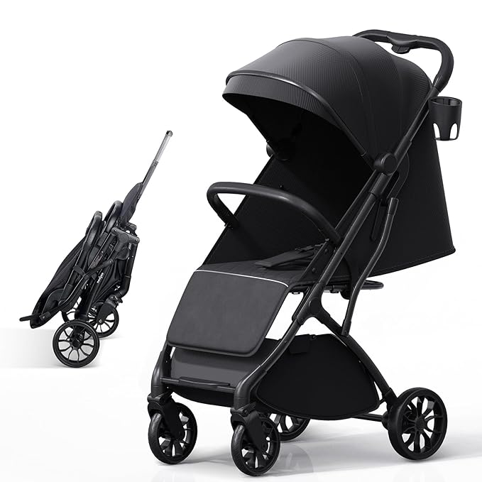newyoo Lightweight Baby Travel Stroller, Compact Toddler Strollers w Telescoping Handle, Cup Holder & Storage Pocket, One-Hand Quick Fold, Near Flat Recline Seat, TR18, Black