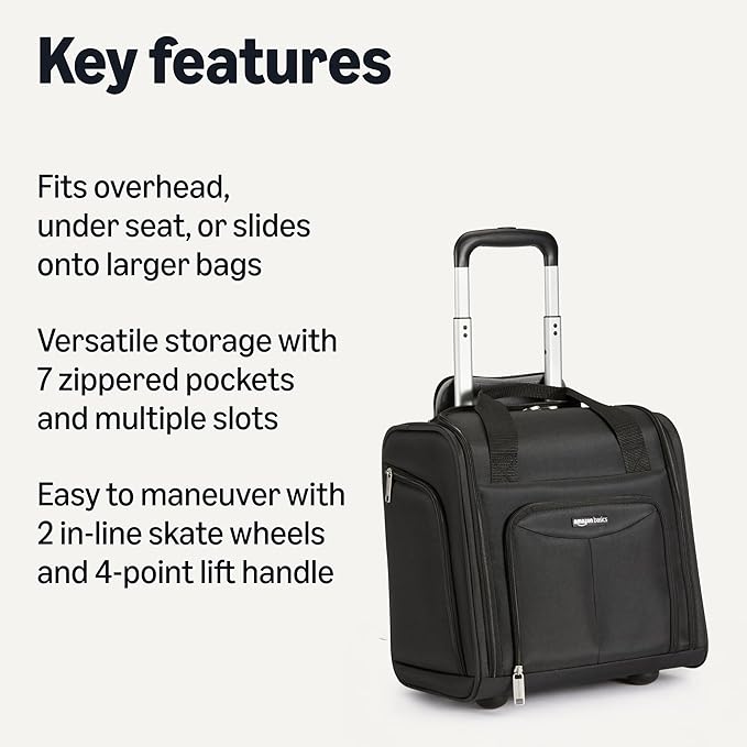 Amazon Basics Underseat Carry On Luggage with Wheels - 14" Rolling Travel Bag, Black