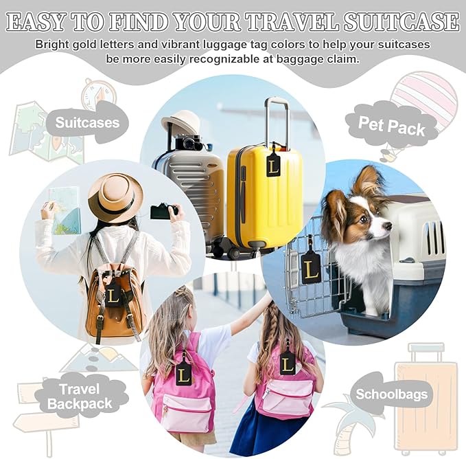 Personalized Initial Luggage Tags for Suitcase TSA Approved, Black Leather Cute Luggage Tag with Privacy Cover Name Card, Embroidered Custom Luggage Tags Travel Backpack Tags Gifts for Women Kids(L)