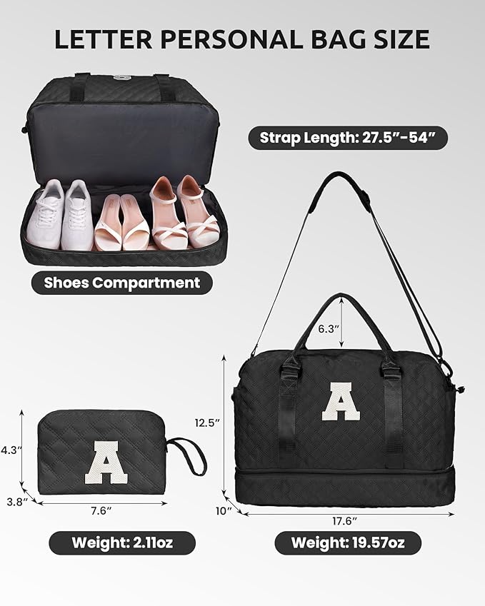 Gifts for Friends-Initial Duffle Bag with Shoe Compartment, Personalized Weekender Bag, Monogram Overnight Bag, Travel Bag with Makeup Bag，Birthday Gifts Bag for Daughter Sister (Letter I)