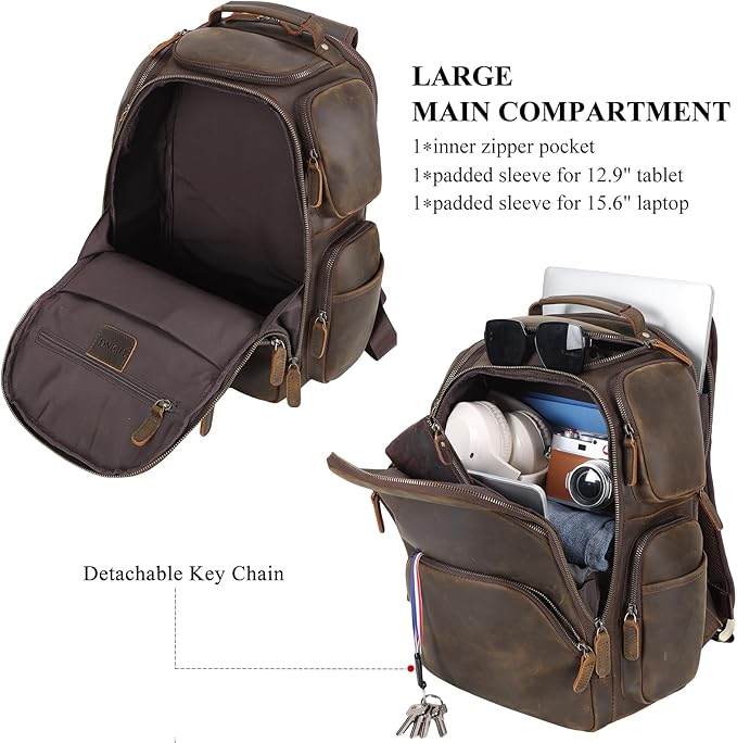 TIDING Vintage Full Grain Leather 16 Inch Laptop Backpack for Men Multi Pockets Travel Rucksack Weekend Business Daypack_Large
