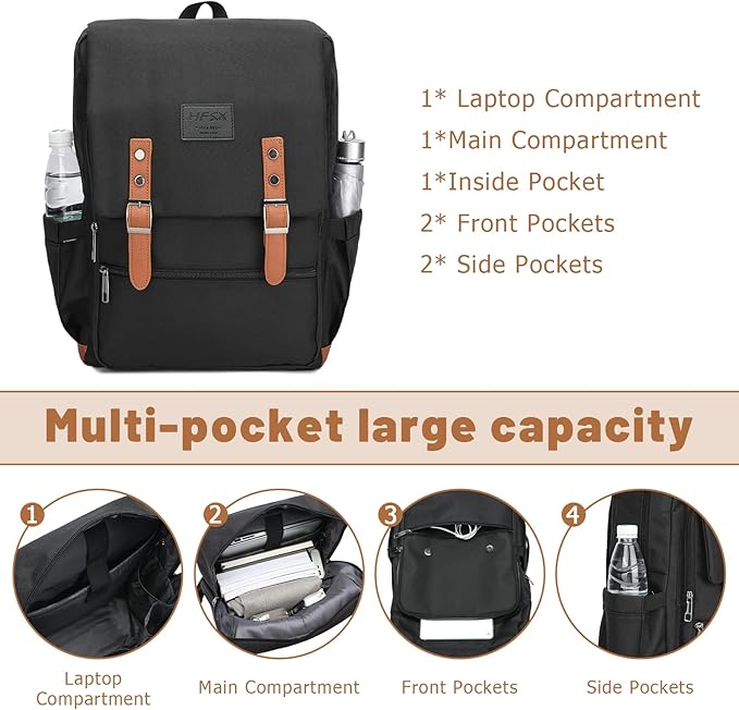HFSX Vintage Backpack Laptop Backpack Men Women Business Travel Computer Backpack College Bookbag Stylish Water Resistant Vintage Backpack with USB Port Fits 15.6 Inch Laptop Black