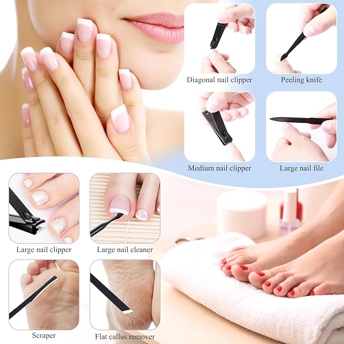 Manicure Pedicure Kit Nail Clippers Set Fingernails & Toenails Vibrissac Scissor 5 Pieces Best Care Tools for Man & Women with Travel Case (Gray/Black_A) (Dark 15 Pieces)