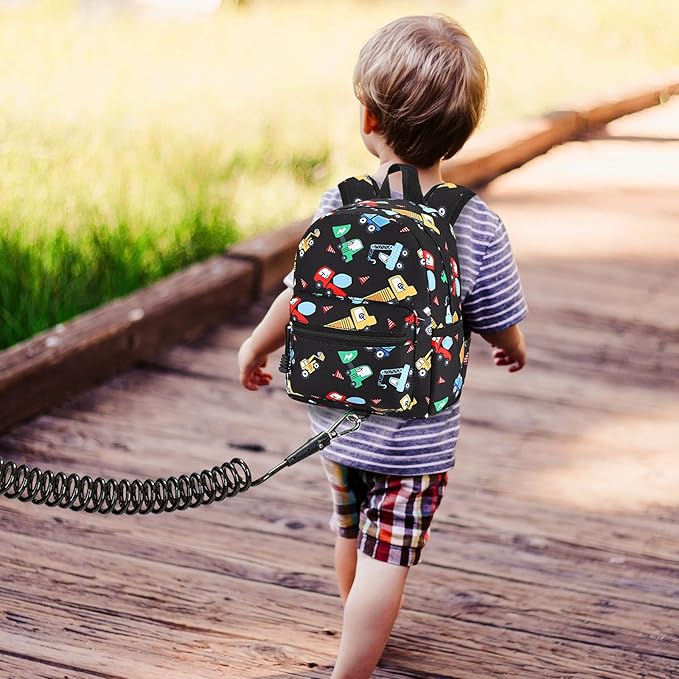 Accmor Toddler Harness Backpack Leash, Cute Excavator Kids Backpack with Anti Lost Wrist Link for Outdoor Walking, Mini Black Child Backpack Wristband Tether Leashes for Boys Girls Aged 1-3 Years Old