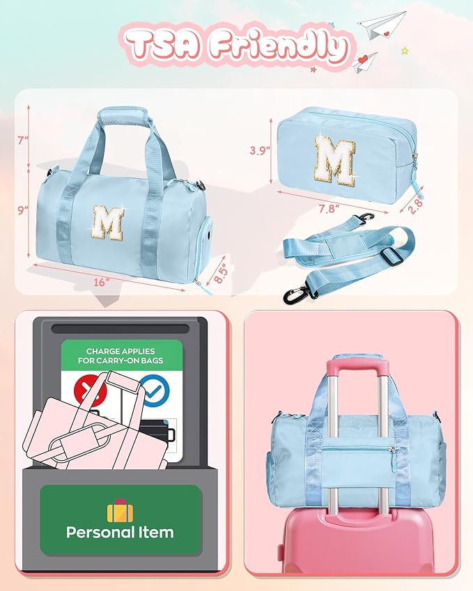 Christmas Gifts for Girls-Girl Gym Bag with Shoe Compartment, Kid Personalized Weekender Overnight Bags, Initial Travel Tote with Makeup Pouch, Gift Ideas for Niece Sister (Letter W)