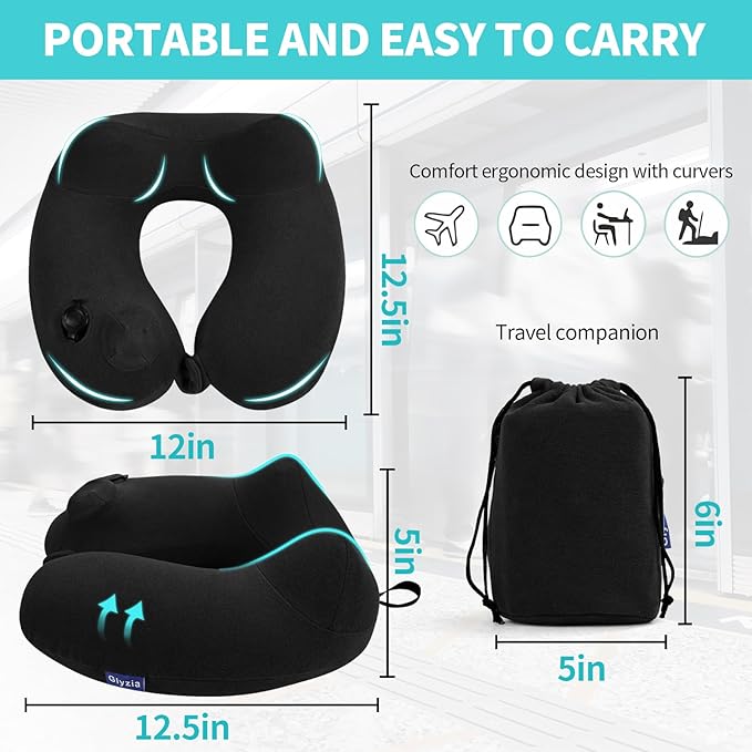 2 Pack Inflatable Travel Neck Pillows for Airplanes, Head Support Velvet Adult Neck Pillows for Long Flight, Kit with Eye Mask, Earplugs and Storage Bag, 2, Black
