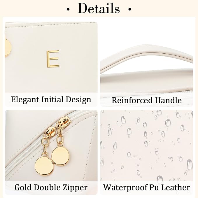 Birthday Gifts for Women Teen Girl, Personalized Initial Makeup Organizer Bag Set, Open Flat Travel Cosmetic Bag With Clear Divider and Handle(Beige,E)