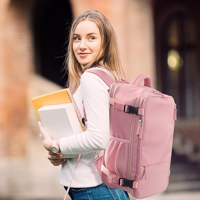 Hanples Carry on Travel Backpack for Women, Large 40L Personal Item Luggage Backpack,17inch Laptop Backpack TSA Flight Approved, Travel Essentials Casual Daypack with 2 Toiletry Bags (Pink)