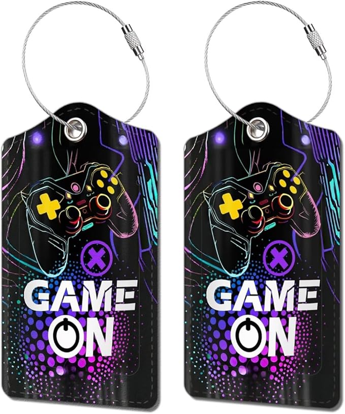 2 Pack Luggage Tag for Suitcase, Cute Unique Leather Bag Tags Identifiers Privacy Cover ID Label with Durable Steel Loop for Women Men Kids Girls Travel, Game on