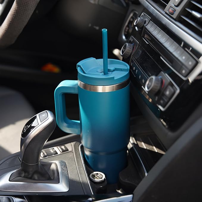 30 oz Tumbler with Handle and 2 Straws,2 in 1 Lid Insulated Water Bottle Stainless Steel Travel Coffee Mug,Dark Green