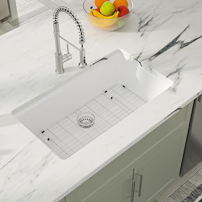 Dcolora 30 Inch White Kitchen Sink Granite Composite Workstation Undermount Quartz Single Bowl Kitchen Sink 30"W x 19"D x 10"H, DC-GU5521