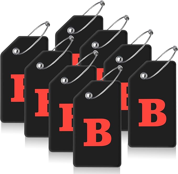 8 Pcs Luggage Tags for Suitcases, 26 Initial Letter Travel Luggage Baggage Identification Labels ID Tags Fully Bendable Tags with Stainless Steel Loop (Letter B, Black)