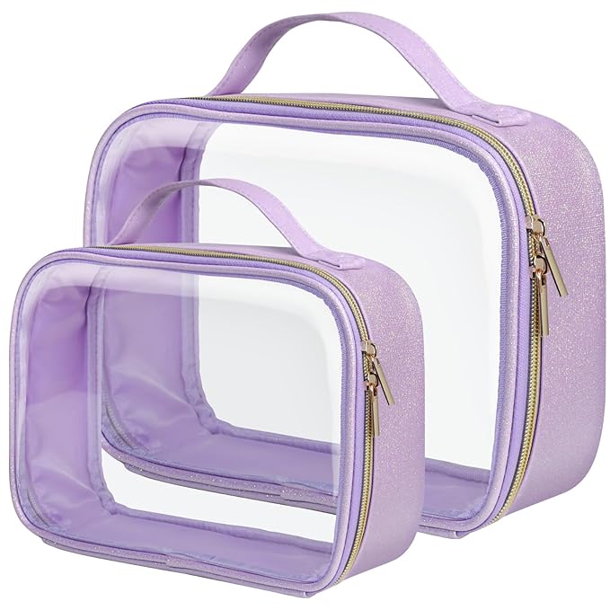 PACKISM TSA Approved Toiletry Bag - Glitter Textured Clear Travel Bag, Personalized and Fashion, with 180° Large Opening and Supporting Frame, Perfect for Travel Essentials, Thick No Smell, Purple